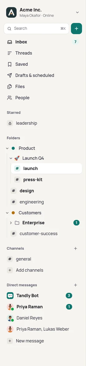 Sidebar with a Product folder containing a Launch Q4 subfolder with #launch and #press-kit, a Customers folder whose collapsed Enterprise subfolder shows one unread mention, and direct messages below.