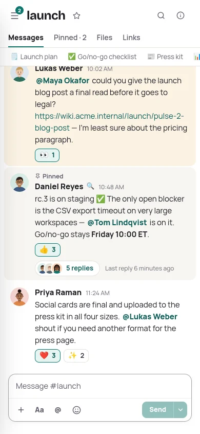 Tandly on a phone: the #launch channel of Acme Inc. with a mention, a pinned message with a thread summary, and reactions.