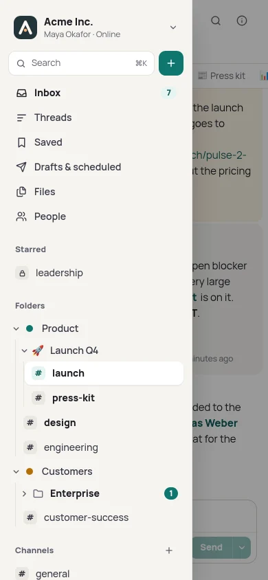 The sidebar on a phone, with folders and unread badges.