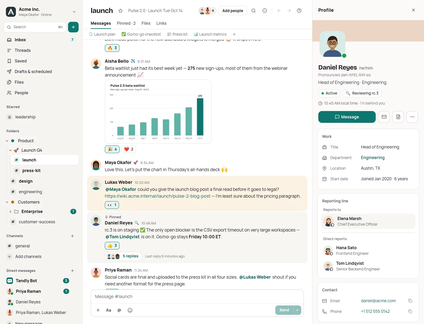 Daniel Reyes’s profile: Head of Engineering in Austin, TX, with his status and local time, work details, a reporting line to Elena Marsh and direct reports Hana Sato and Tom Lindqvist.