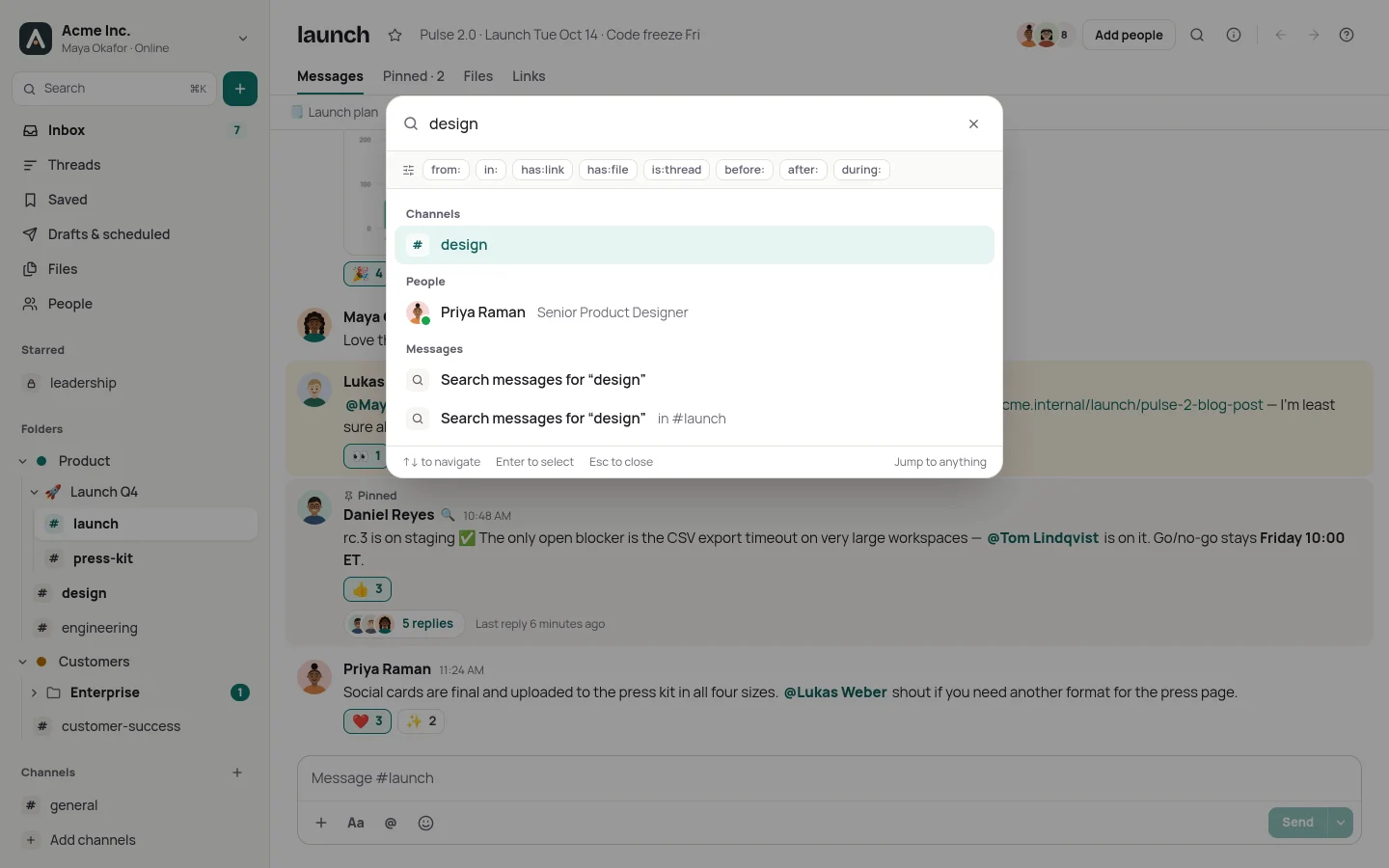 The ⌘K palette searching for “design”: the #design channel, Priya Raman, and options to search messages, with filter chips for from:, in:, has:link and dates.